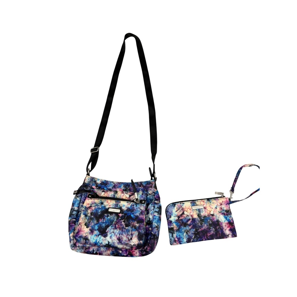 Baggallini Floral Crossbody Bag and Wristlet Set Blue Purple Travel Purse